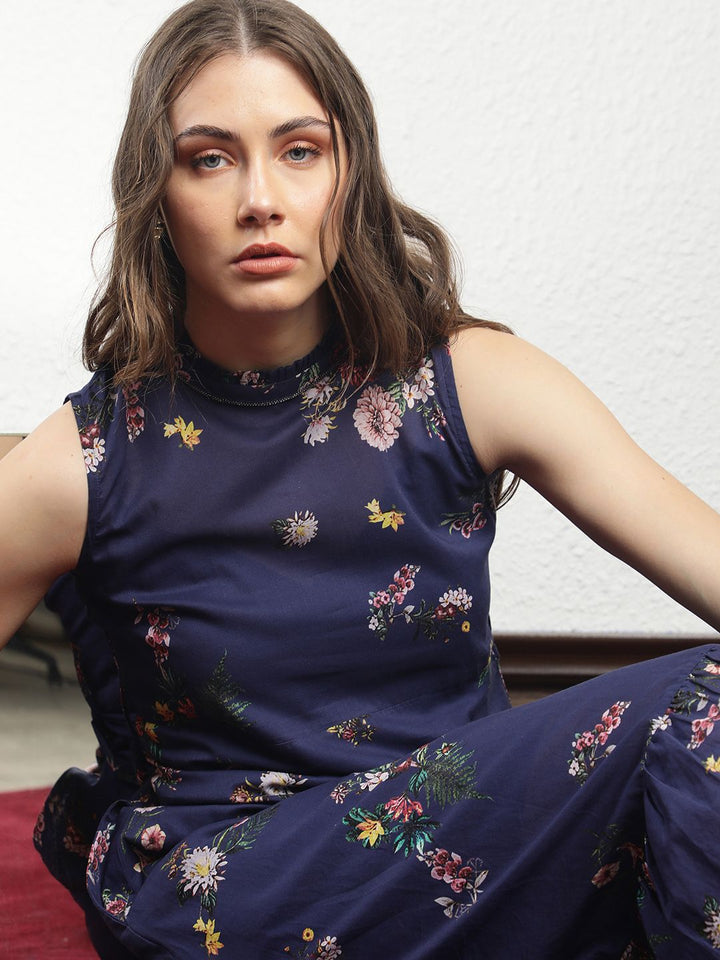 RAREISM High Neck Floral Printed A-Line Dress