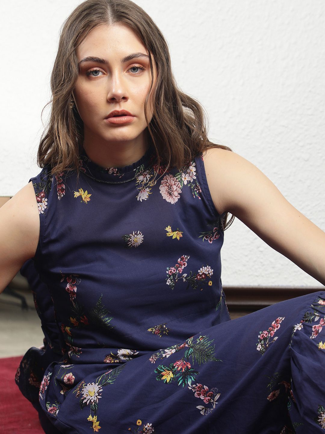 RAREISM High Neck Floral Printed A-Line Dress