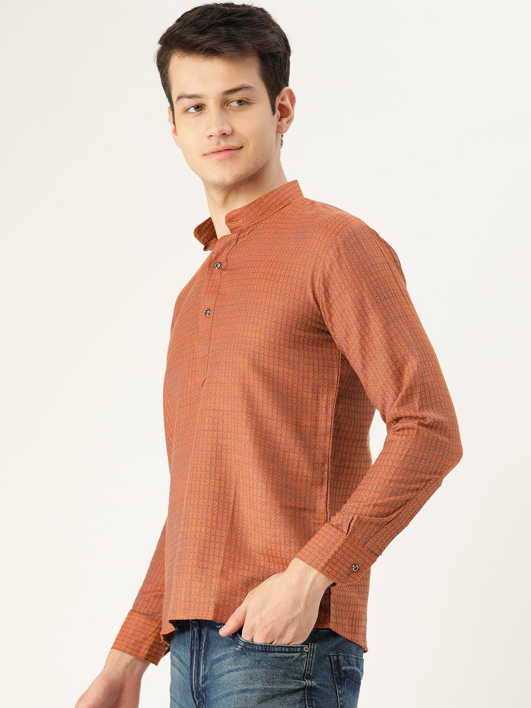 SOJANYA Lelaki Oren Rekaan Diri Kurta Lurus Pendek