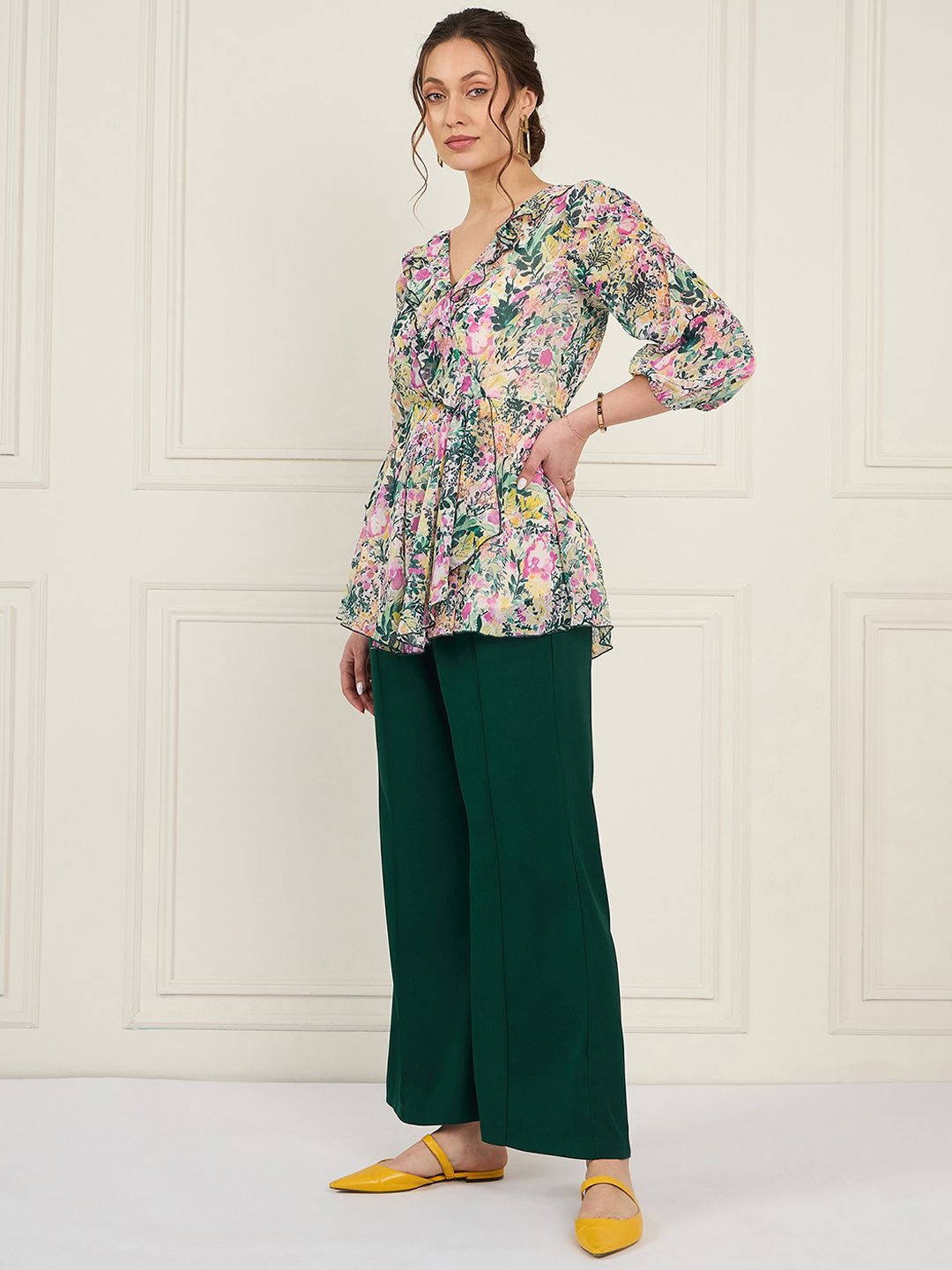 Antheaa Green Floral Printed Puff Sleeves Ruffled Top With Trouser