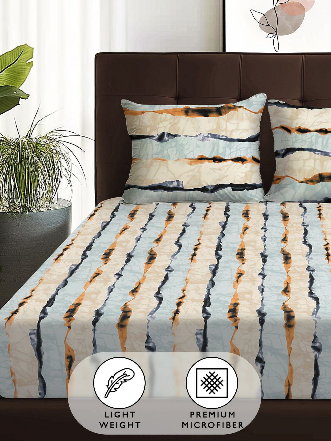 Story@home Arena Cream-Coloured & Grey Printed 180 TC Queen Bedsheet & 2 Pillow Covers