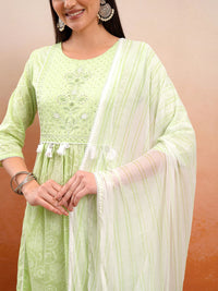 Vishudh Green Floral Printed Thread Work Pure Cotton A-Line Kurta With Trousers & Dupatta