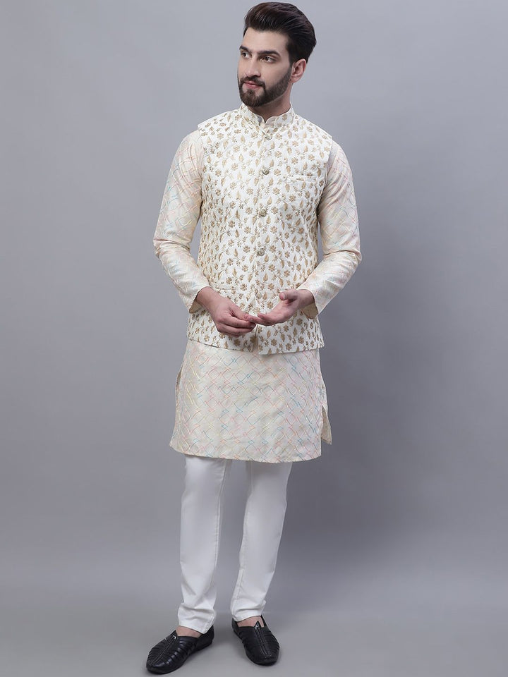 SOJANYA Floral Embroidered Thread Work Kurta With Churidar With Nehru Jacket