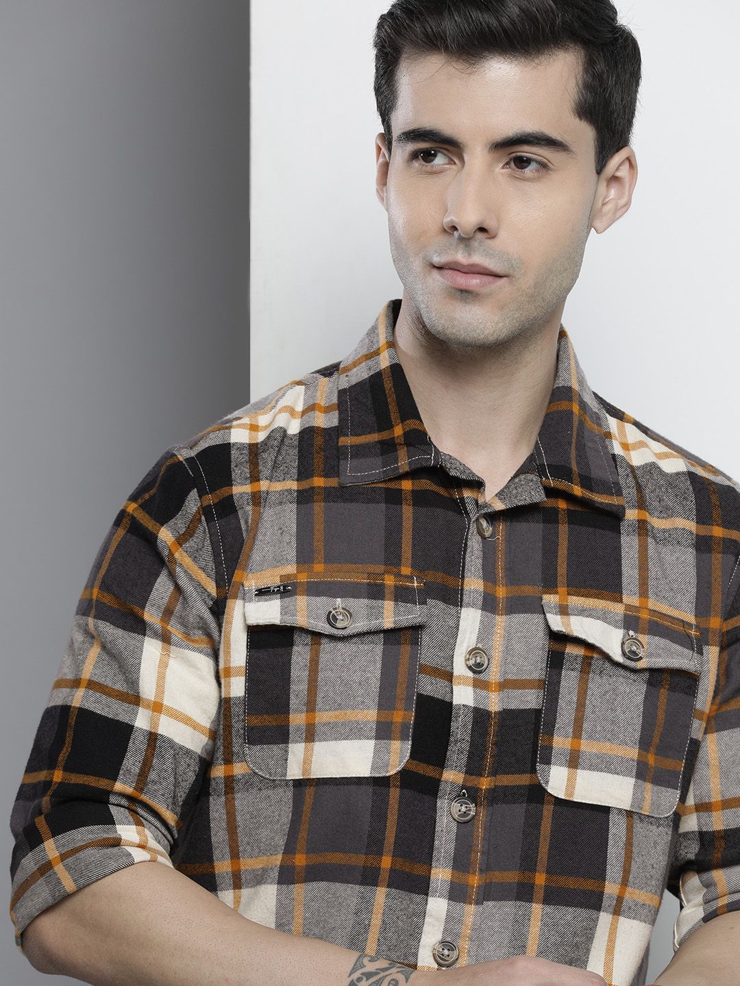 The Indian Garage Co Men Regular Fit Checked Double Flap Pocket Flannel Shirt