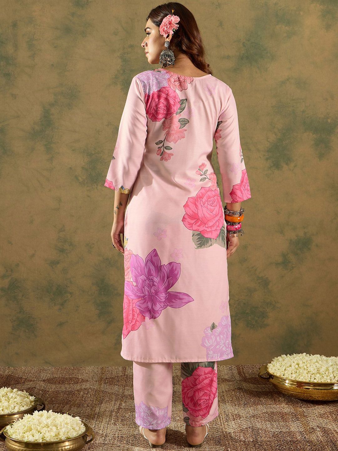 Indo Era Floral Printed V-Neck Straight Kurta with Trousers