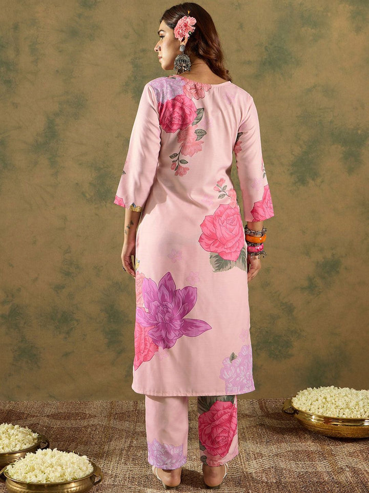Indo Era Floral Printed V-Neck Straight Kurta with Trousers