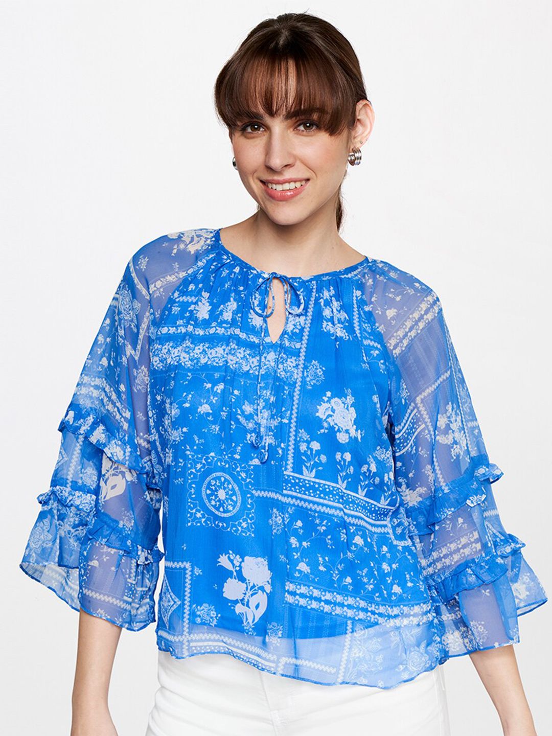 AND Floral Printed Tie-Up Neck Flared Sleeves Top