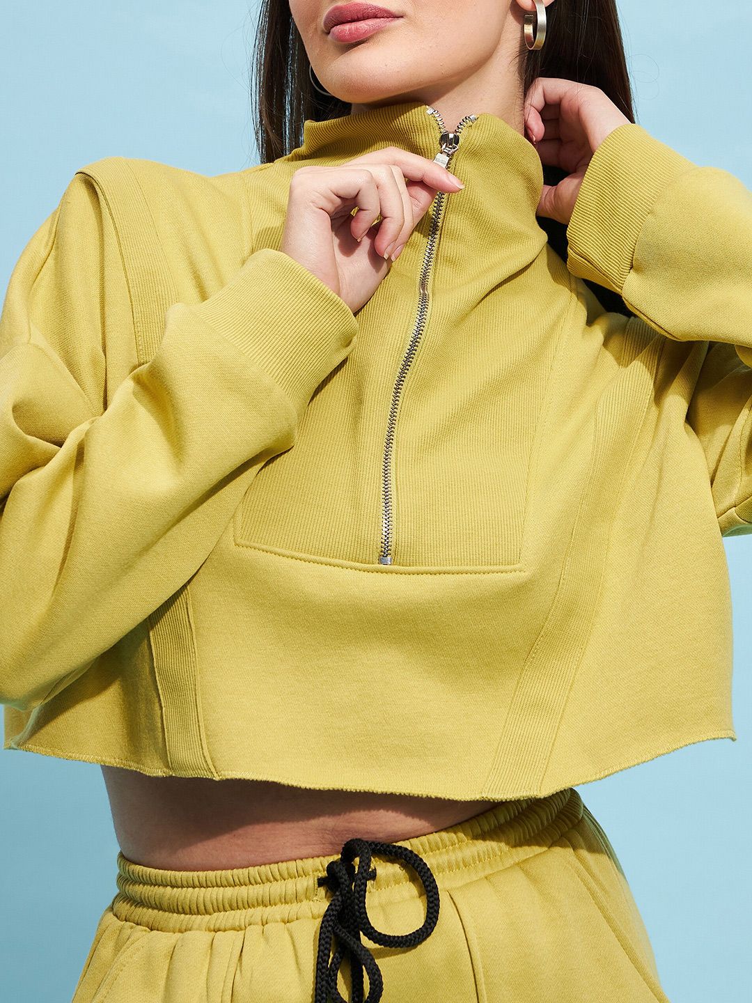 STREET 9 Lime Green Mock Collar Pure Cotton Crop Sweatshirt