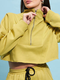 STREET 9 Lime Green Mock Collar Pure Cotton Crop Sweatshirt