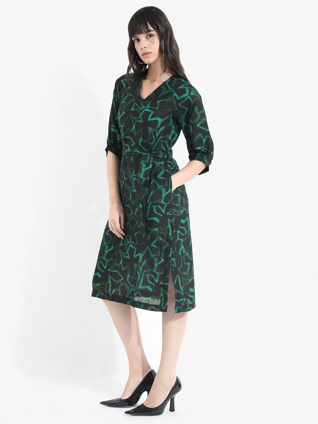 RAREISM Abstract Print Linen A-Line Midi Dress
