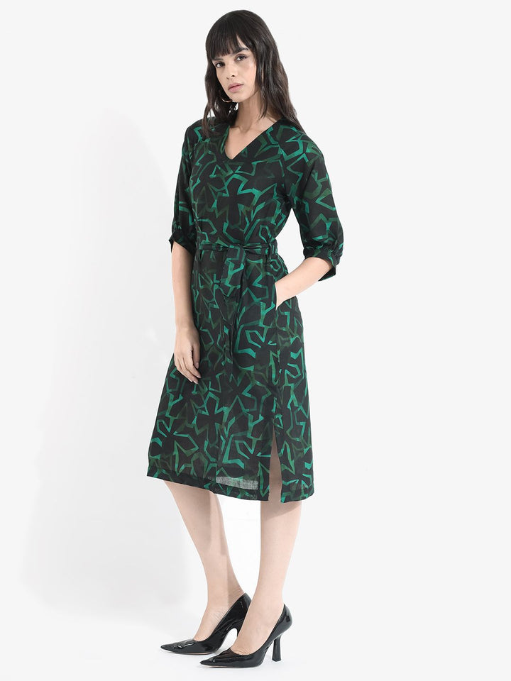 RAREISM Abstract Print Linen A-Line Midi Dress