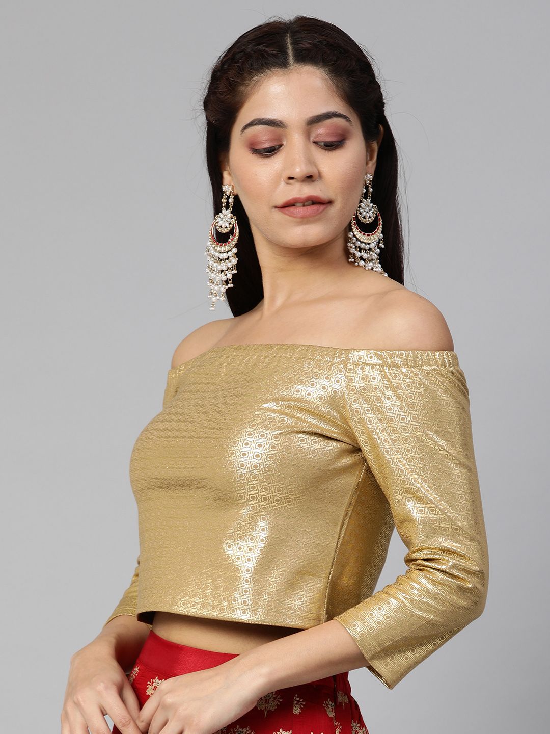 Global Desi Women Beige & Gold-Toned Printed Cropped Bardot Top