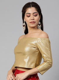 Global Desi Women Beige & Gold-Toned Printed Cropped Bardot Top