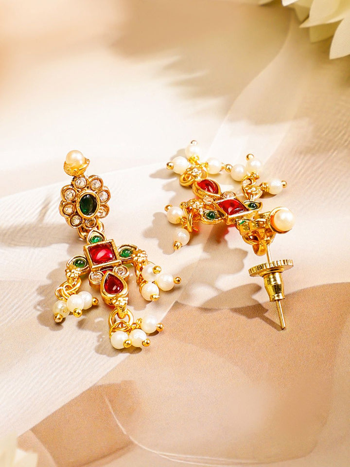 Rubans 24K Gold Plated Handcrafted Ruby & Emerald Studded & Pearl Beaded Jewellery Set