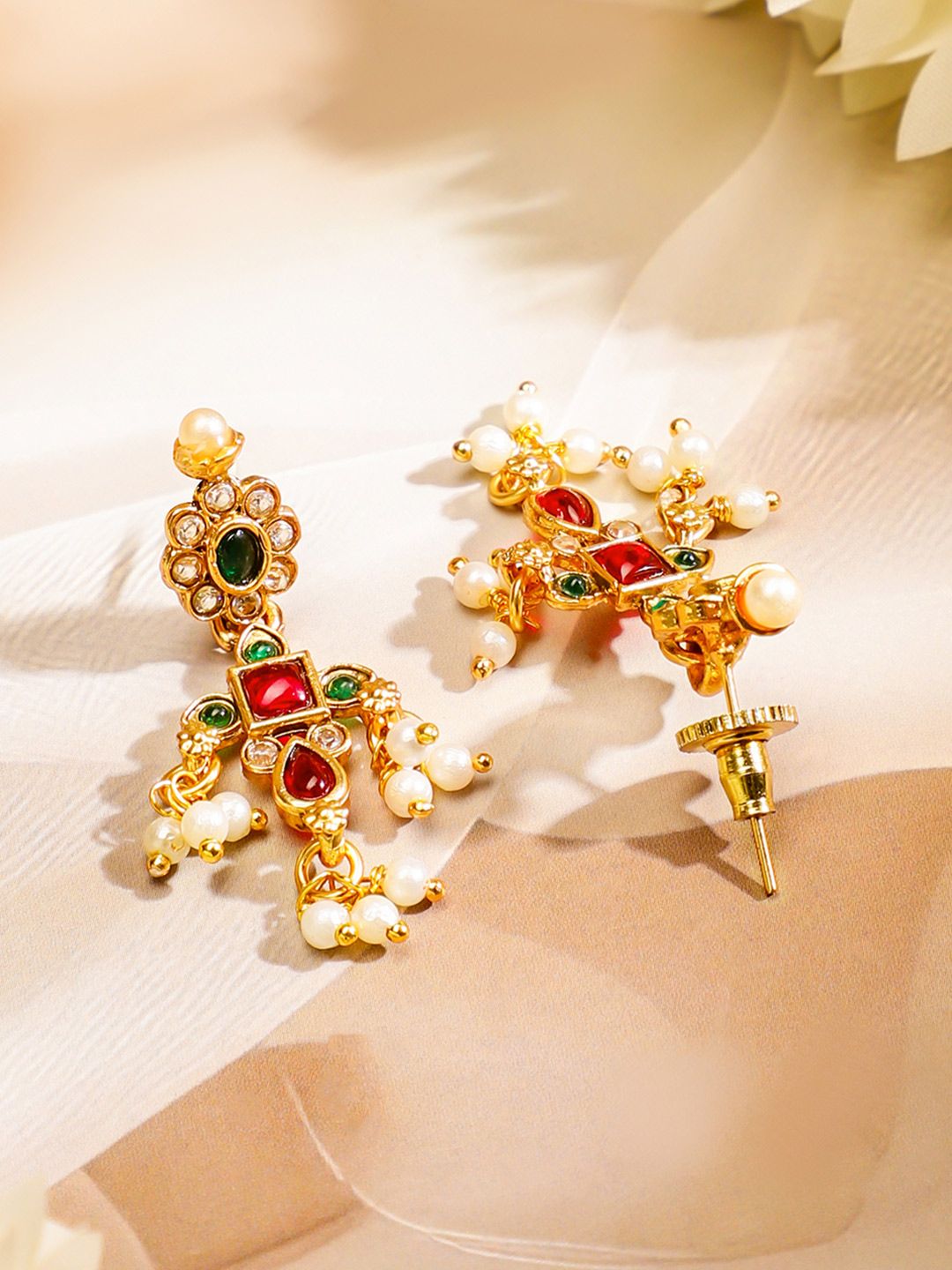 Rubans 24K Gold Plated Handcrafted Ruby & Emerald Studded & Pearl Beaded Jewellery Set