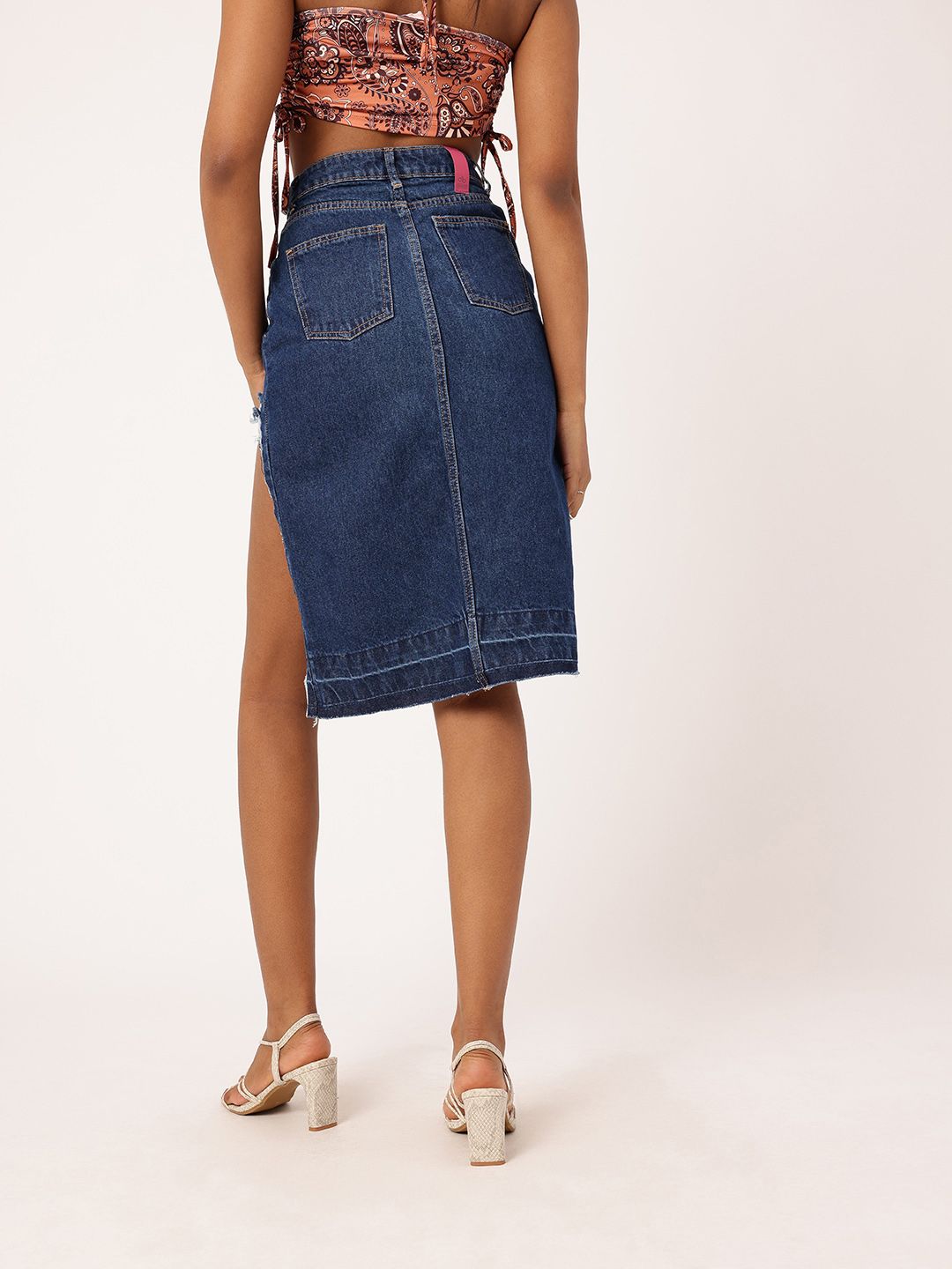 DressBerry Women Street Edge High Rise Ripped Denim Faded Asymmetric A-Line Skirt