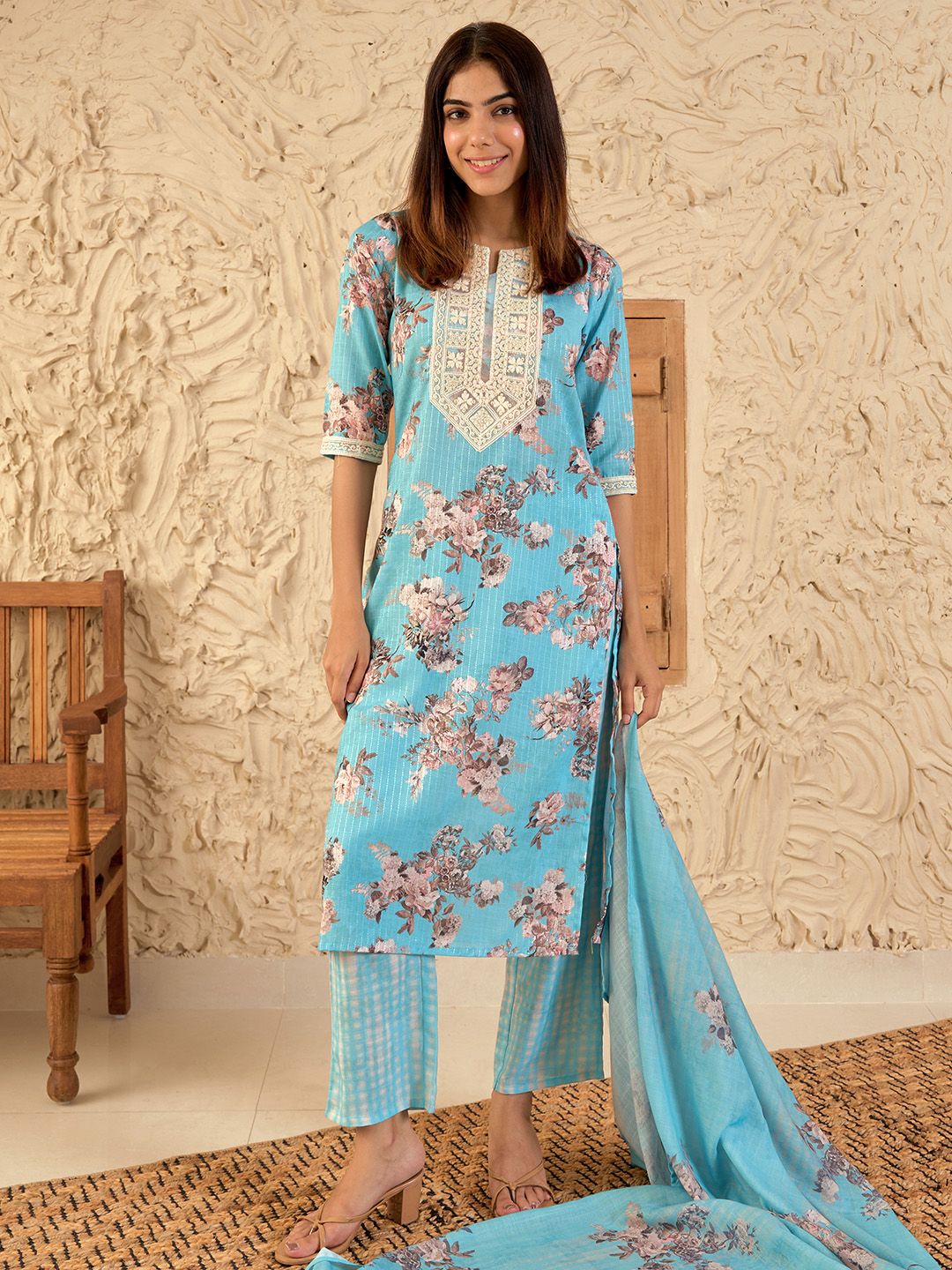 Libas Floral Printed Regular Thread Work Kurta With Trousers & Dupatta