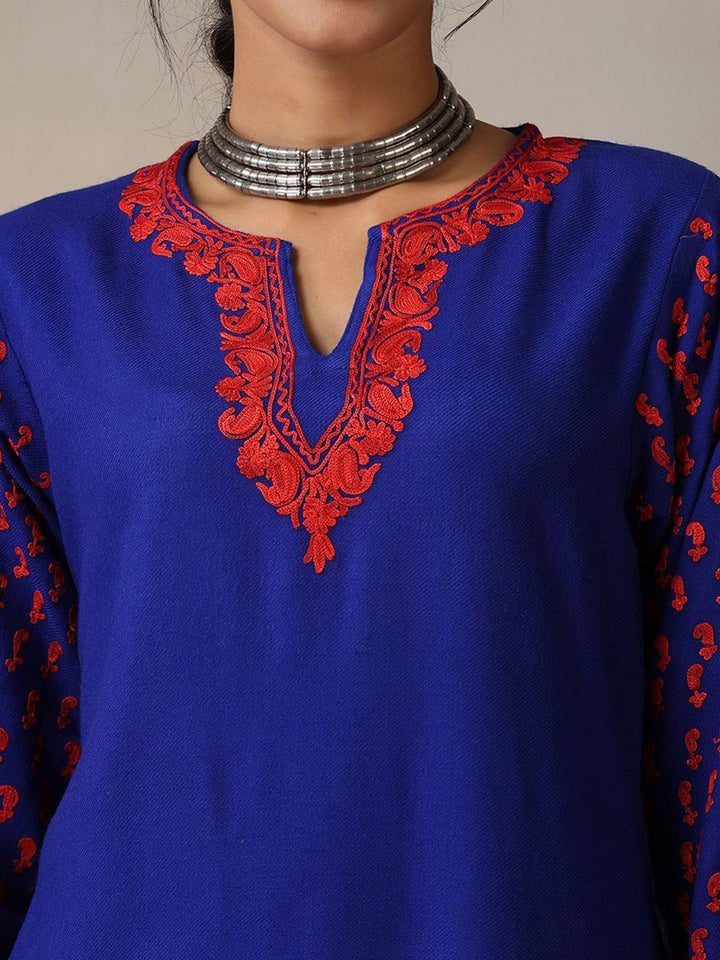 House of Chikankari Women Royal Blue Woollen Aari Embroidered Kurta