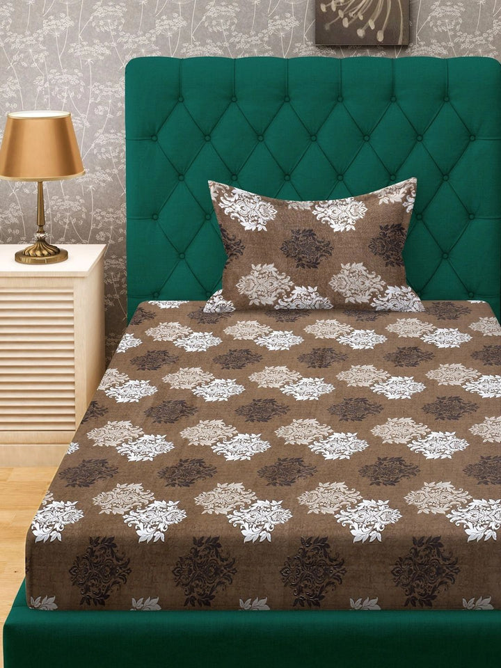 Myntra Elegant Homes Brown Floral 400 TC Cadar Katil Single dengan 1 Sarung Bantal