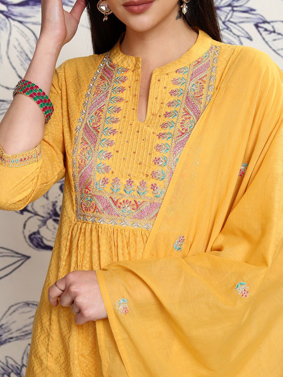 Vishudh Mustard Yellow Embroidered Regular Sequinned Pure Cotton Anarkali Kurta Set