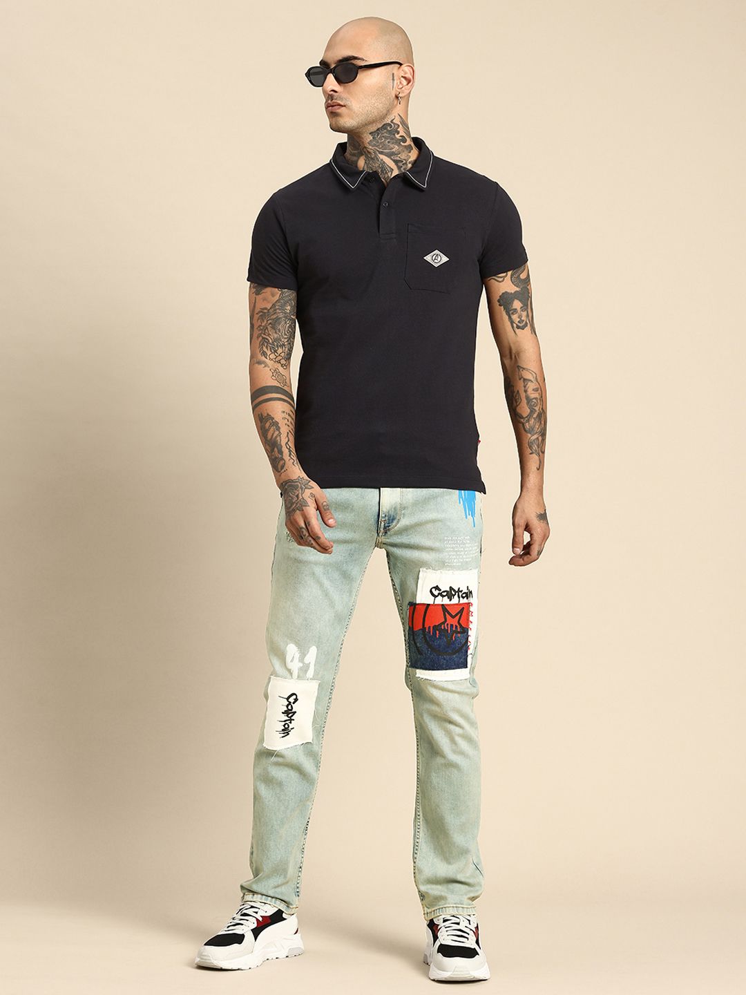 Being Human Men Straight Fit Distressed Light Fade Patch Work Printed Stretchable Jeans