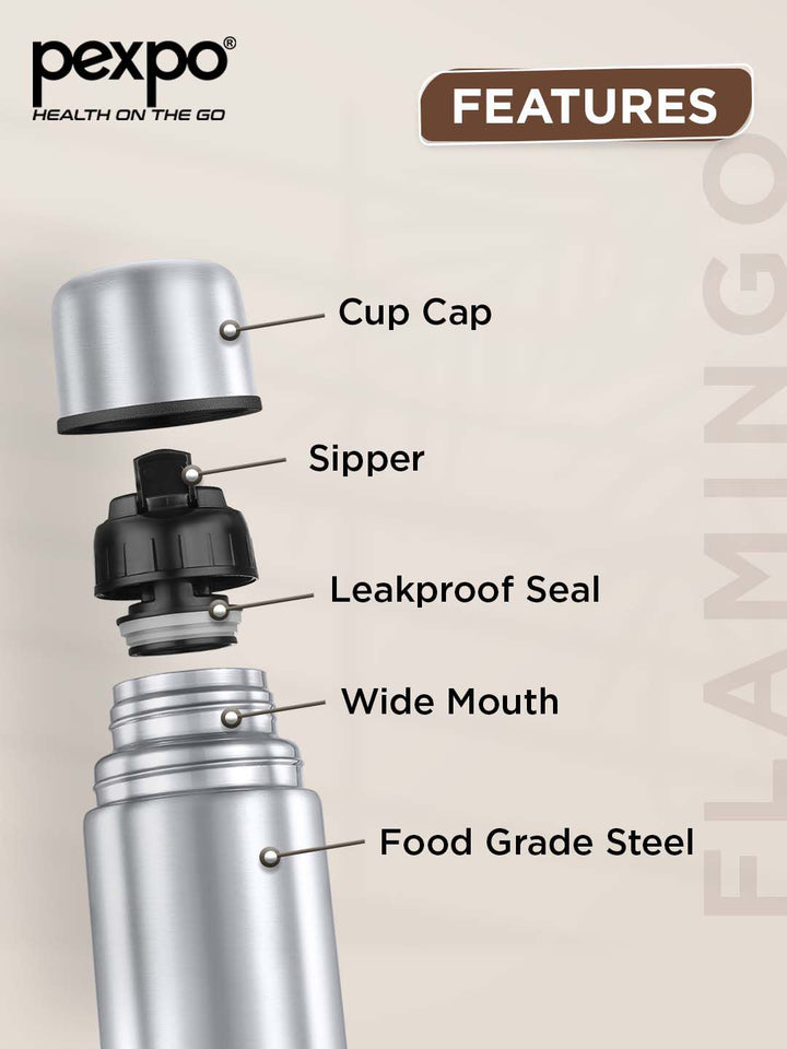 Pexpo Flamingo Silver-Toned ISI Certified Thermosteel Hot Flask Water Bottle 1000ml