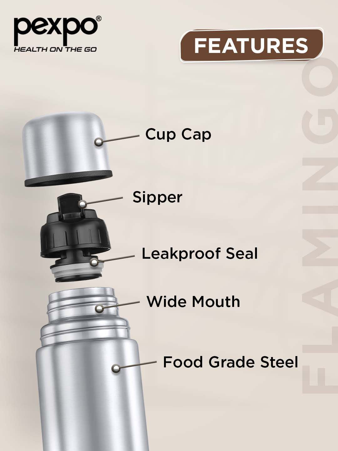 Pexpo Flamingo Silver-Toned ISI Certified Thermosteel Hot Flask Water Bottle 1000ml