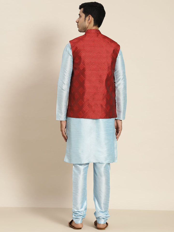 SOJANYA Men Blue Kurta with Churidar with Nehru Jacket