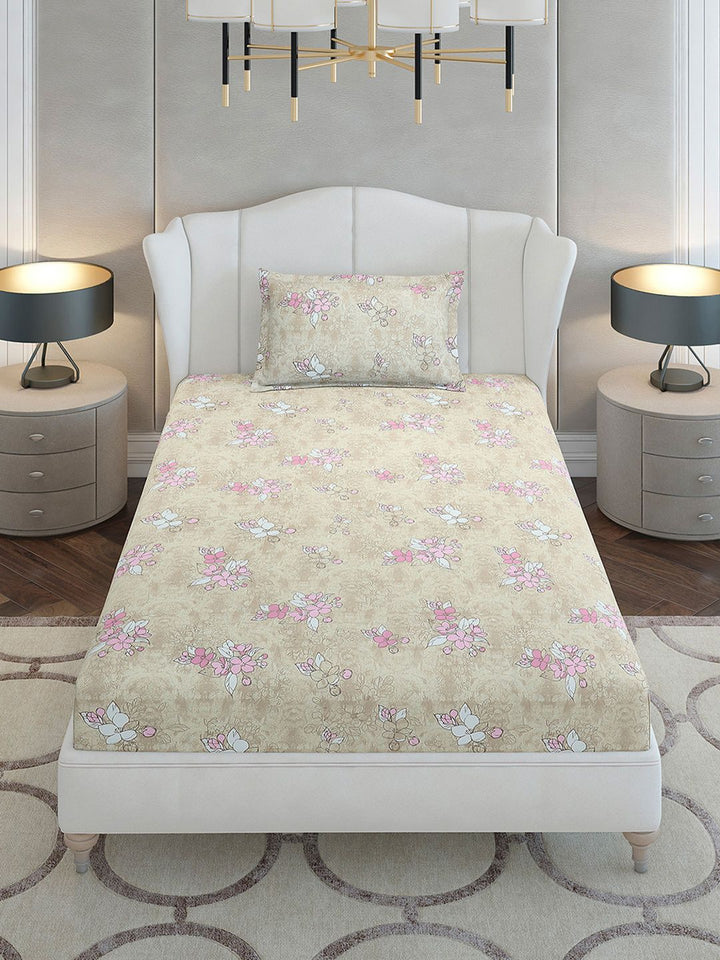 Monte Carlo Beige & White Floral Printed Cotton 104 TC Single Bedsheet Set2.24 m x 1.52 m