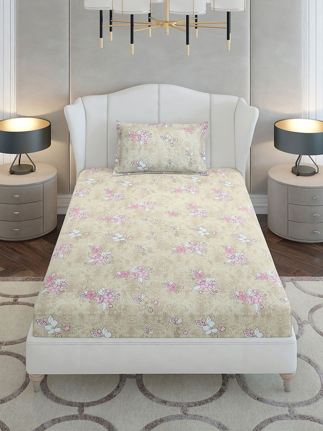Monte Carlo Beige & White Floral Printed Cotton 104 TC Single Bedsheet Set2.24 m x 1.52 m