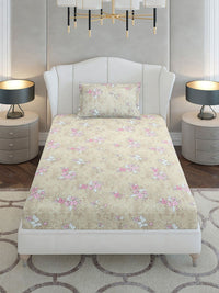 Monte Carlo Beige & White Floral Printed Cotton 104 TC Single Bedsheet Set2.24 m x 1.52 m