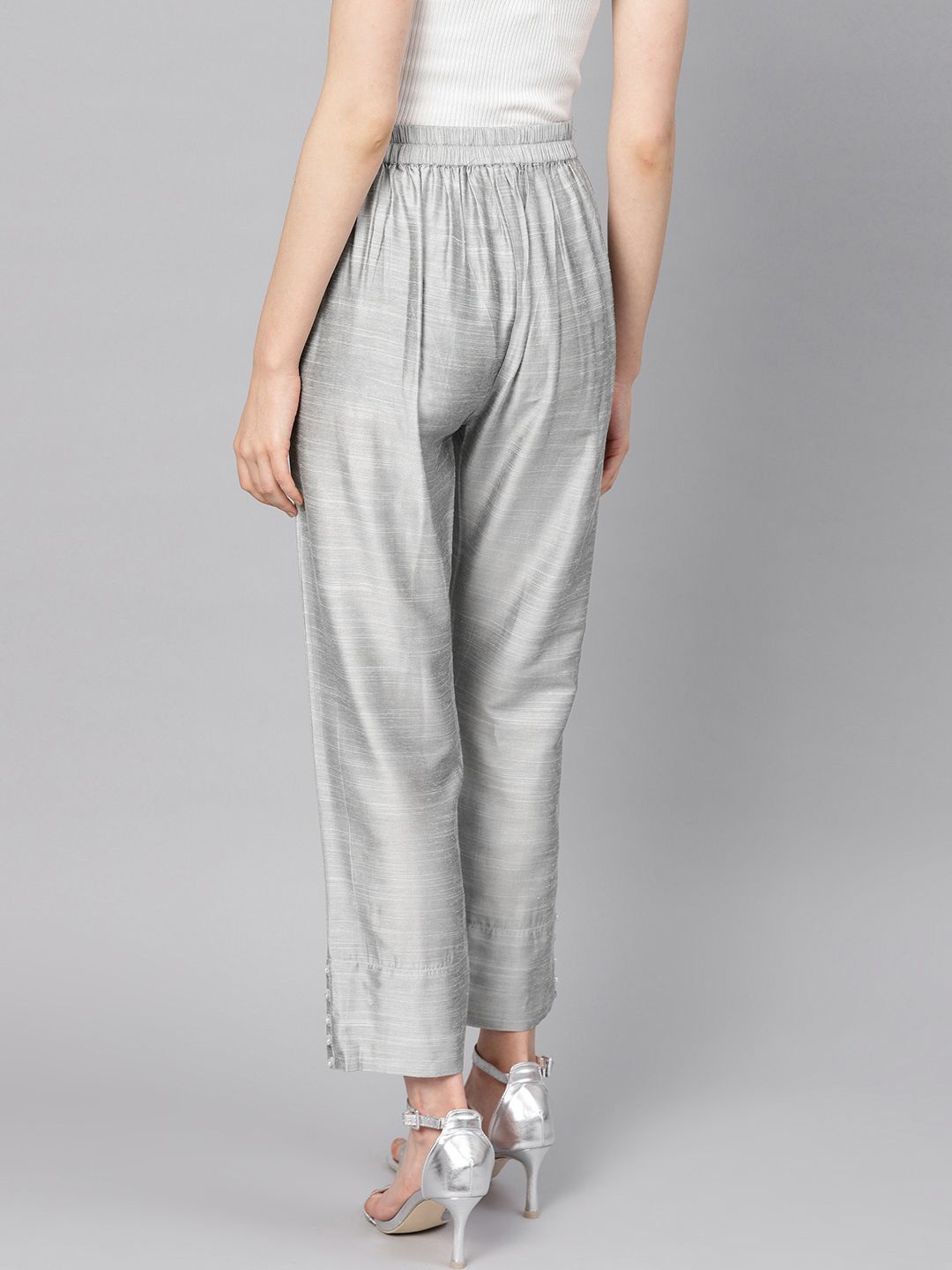 Varanga Women Silver Silk Regular Cropped Trousers