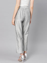 Varanga Women Silver Silk Regular Cropped Trousers