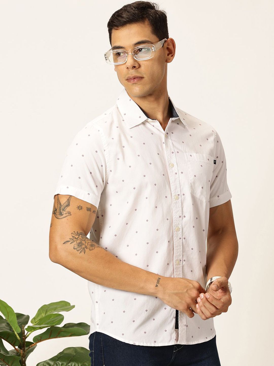 Thomas Scott Men Premium Spread Collar Micro Ditsy Printed Cotton Slim Fit Casual Shirt
