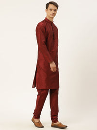 SOJANYA Men Maroon & Golden Solid Kurta with Churidar & Ethnic Jacket