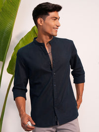 "Locomotive Premium Men Cotton Linen Solid Mandarin Collar Roll-Up Sleeve  Casual Shirt"