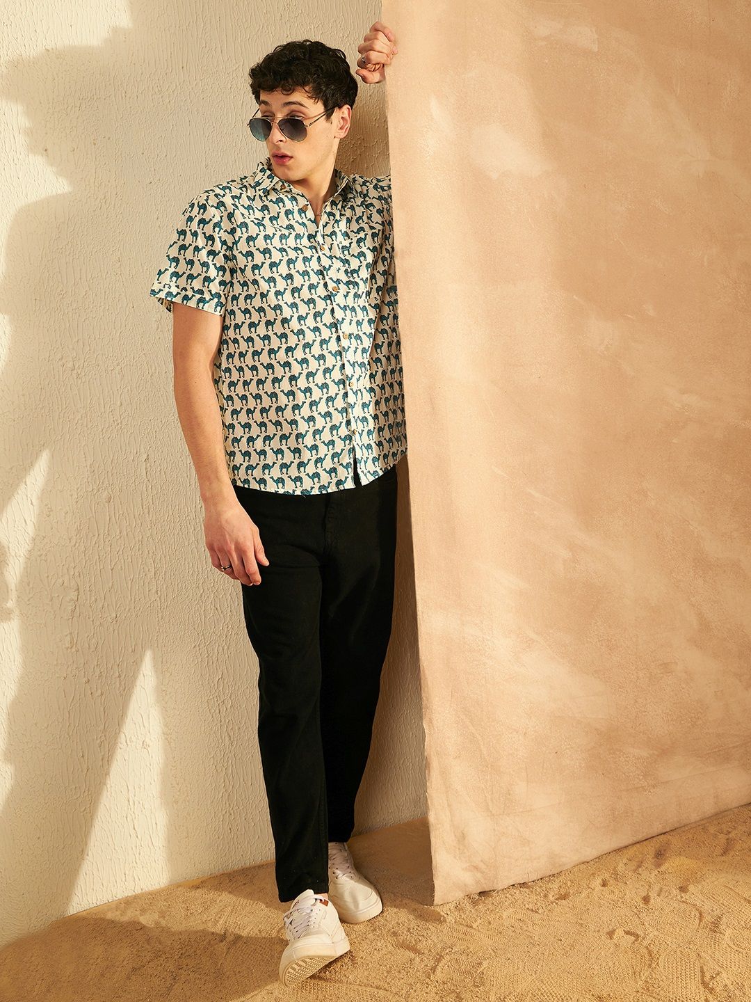 DENNISON Smart Ethnic Motifs Printed Spread Collar Cotton Oversized Lightweight Shirt