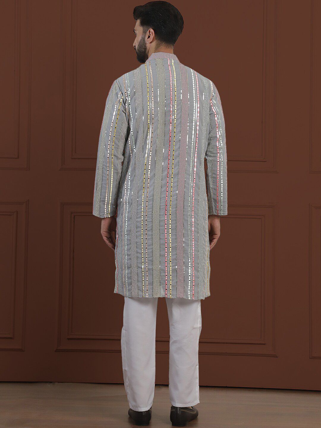 SOJANYA LUXE Striped Embroidered Mandarin Collar Straight Georgette Kurta & Pyjama