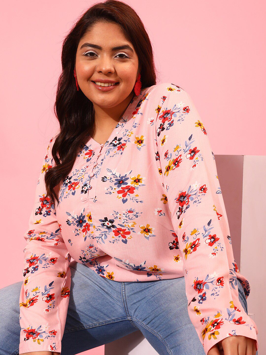 CURVY STREET Floral Printed Cuffed Sleeves Top