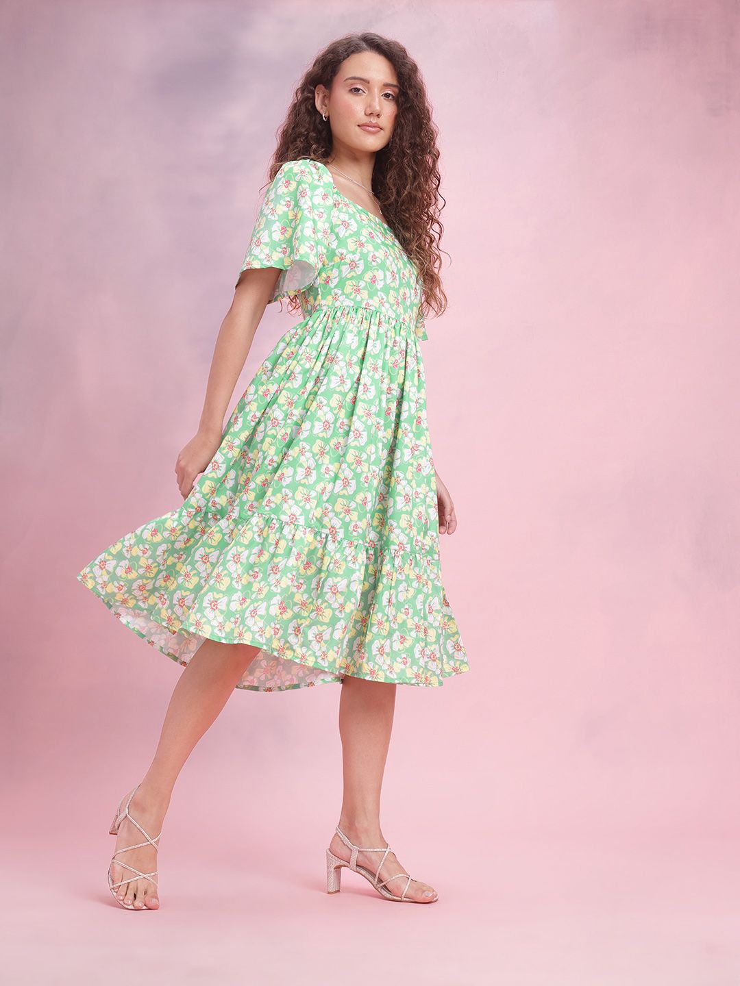 DressBerry Floral Print Flared Sleeve A-Line Midi Dress