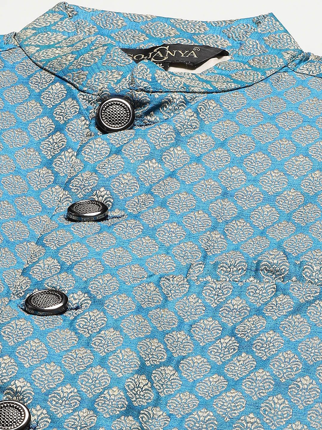 SOJANYA Lelaki Black Chikankari Pure Cotton Kurta with Churidar & Nehru Jacket