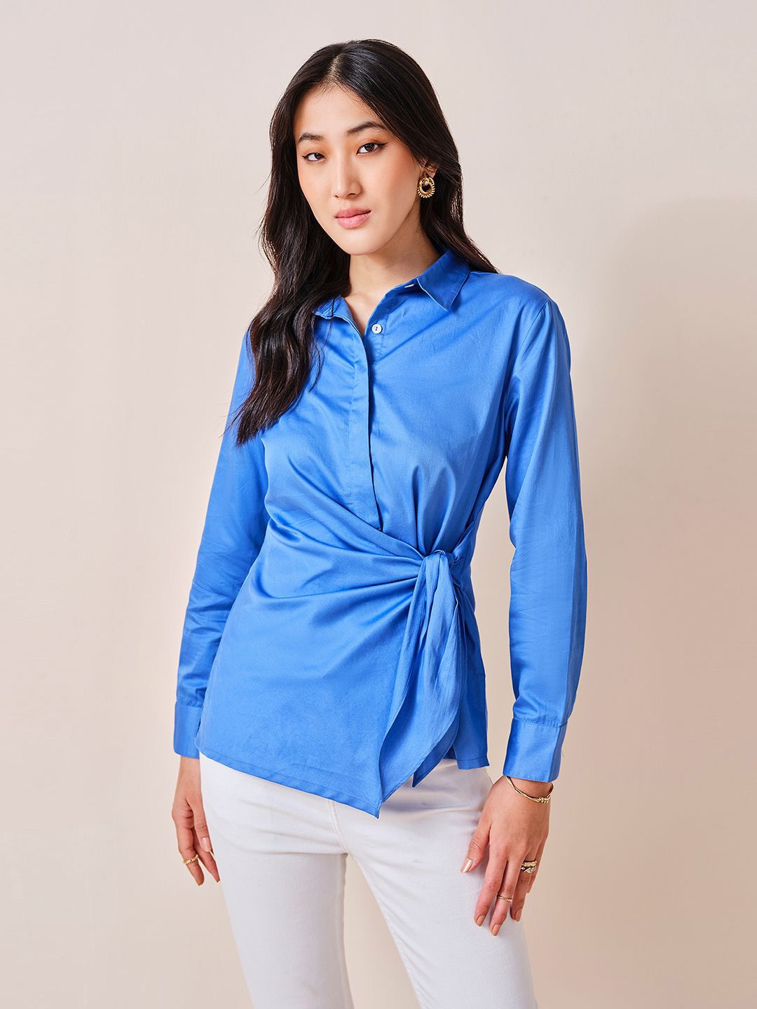 AND Women Solid Shirt Collar Long Sleeves Cotton Top