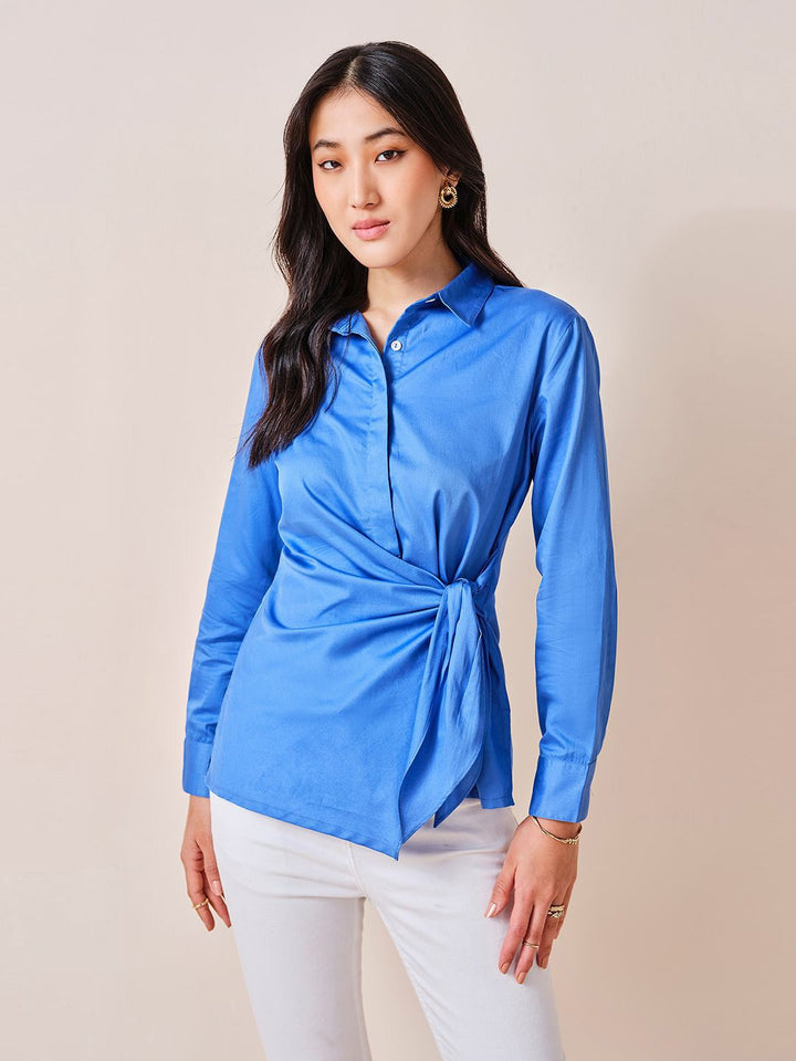 AND Women Solid Shirt Collar Long Sleeves Cotton Top