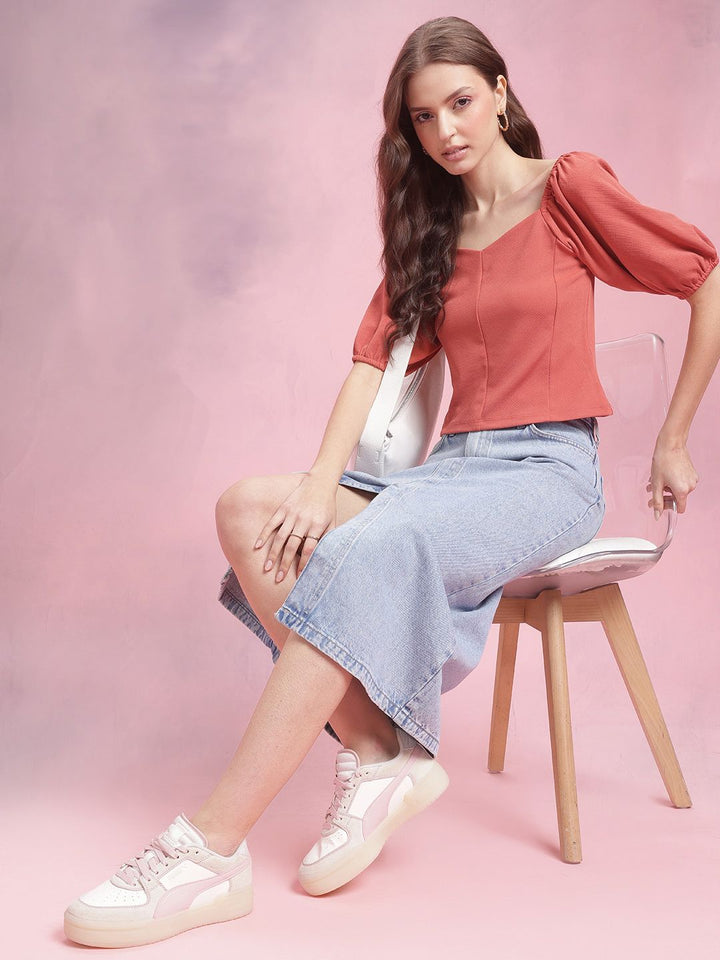DressBerry Sweetheart Neck Puff Sleeve Textured Paneled Top