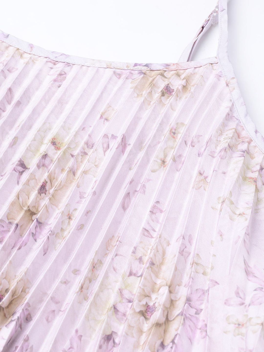 SASSAFRAS Beige & Lavender Floral Printed Accordian Pleat Maxi Dress