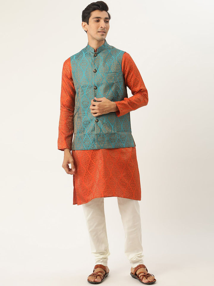 SOJANYA Kurta Motif Etnik Oren Lelaki dengan Jaket Churidar & Nehru