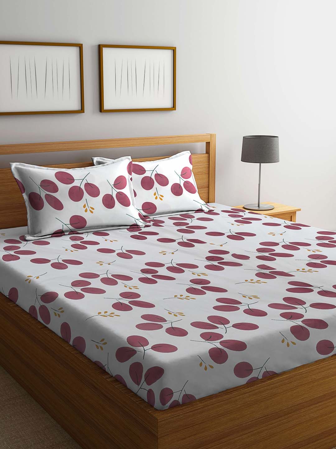 Myntra Elegant Homes White & Maroon Floral 300 TC King Bedsheet with 2 Pillow Covers