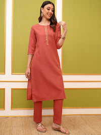 Vishudh Coral Round Neck Embroidery Straight Kurta & Palazzos With Dupatta