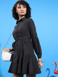 Tokyo Talkies Black & White Polka Dot Printed Cuffed Sleeves Shirt Dress