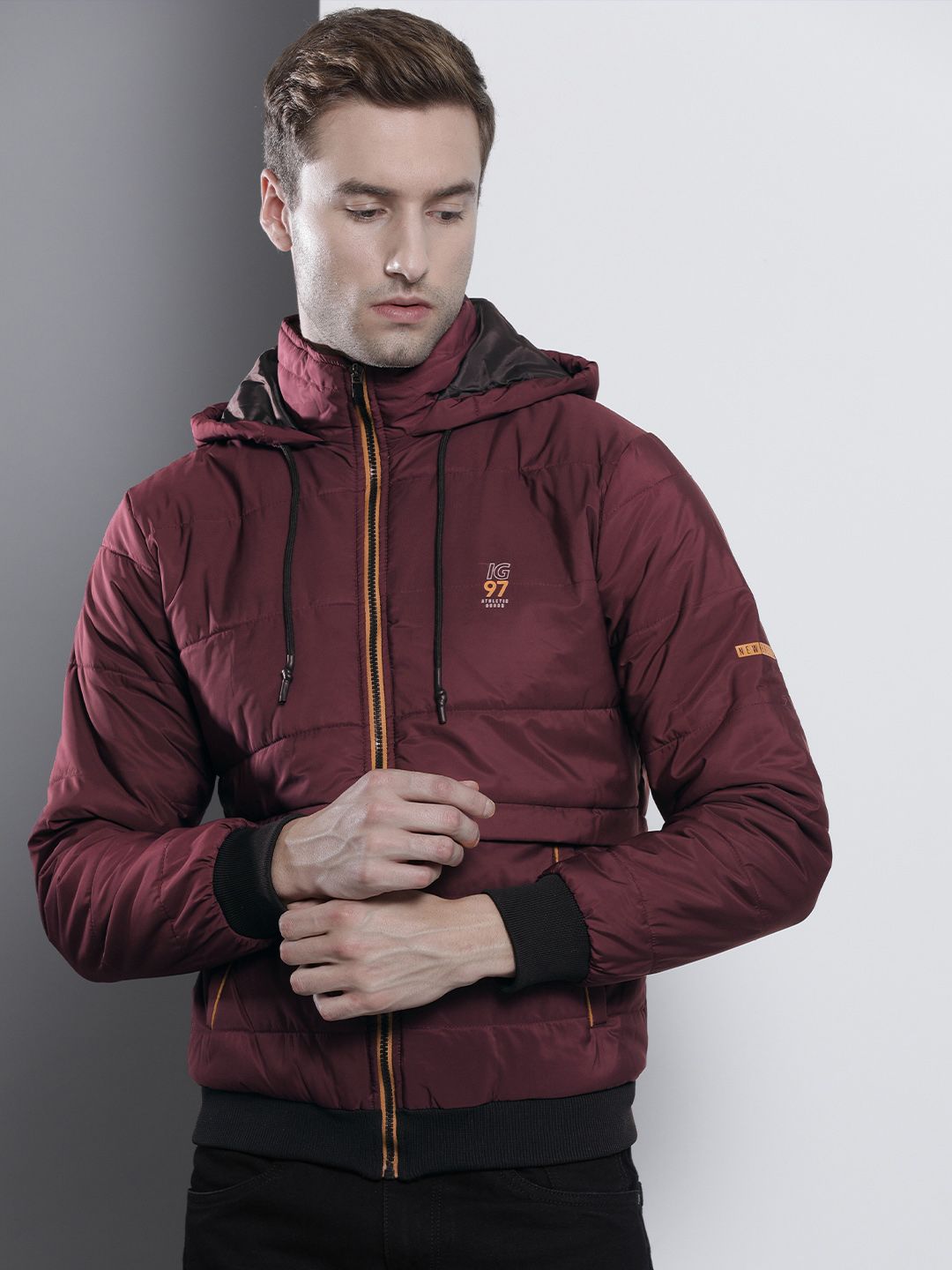 The Indian Garage Co Men Slim Fit Zip-Front Puffer Jacket with Hood